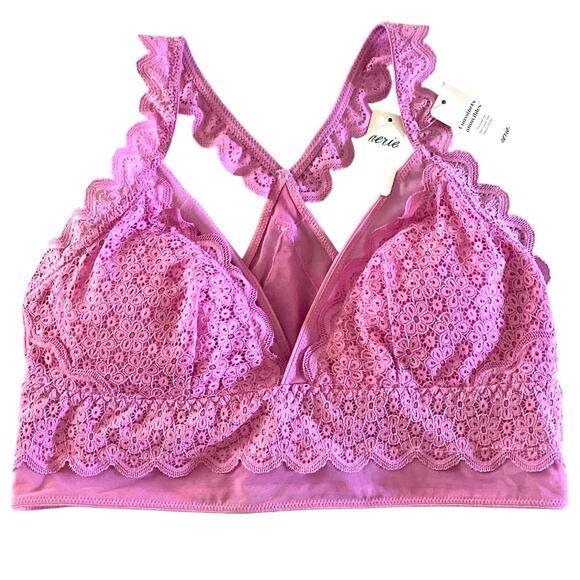 Aerie Lace Ruffle Strap Racerback Pink Bralette Medium NEW - Picture 1 of 7